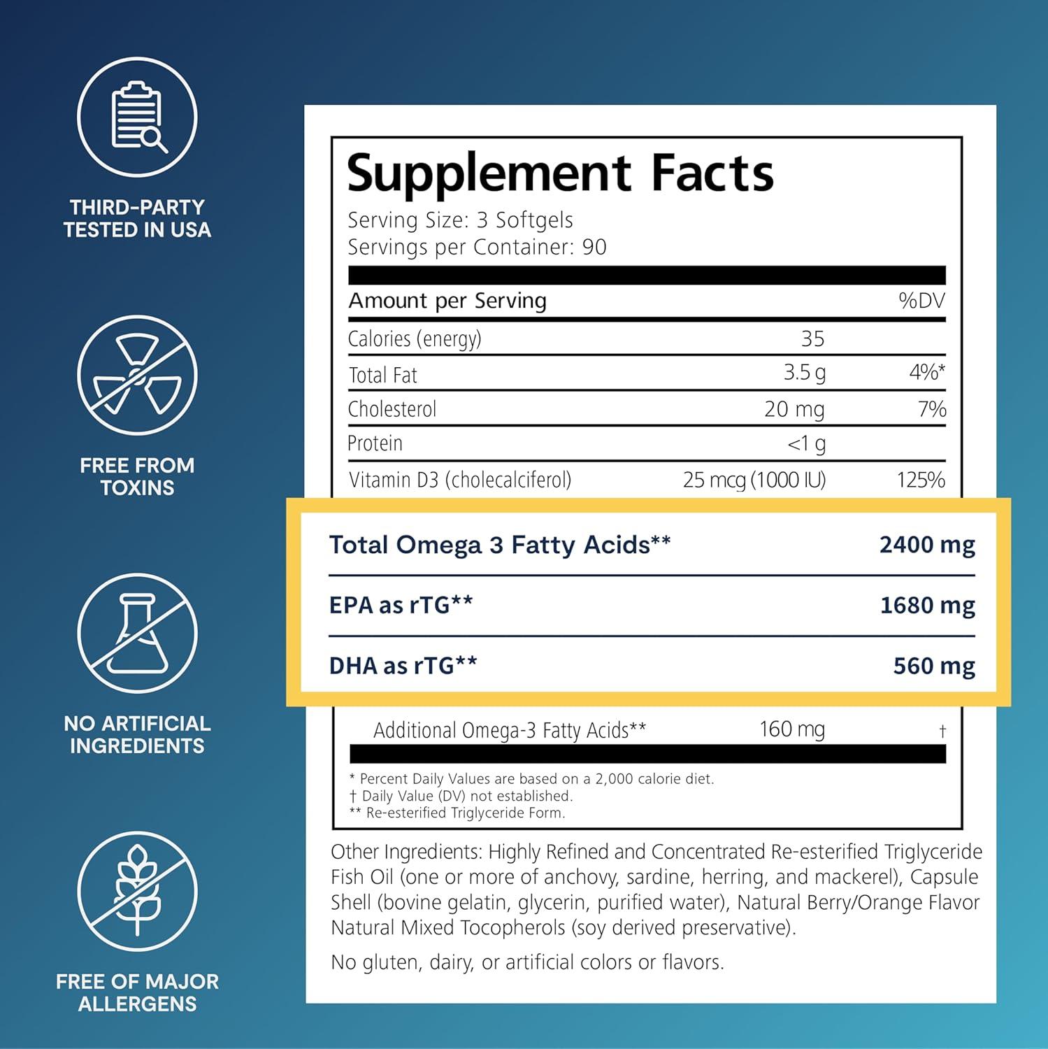 image:imageDe3 Dry Eye Ultra Pure rTG Omega 3 Support for Dry Eyes 2400 mg EPA amp DHA New amp ImprovedBurpless3 per day serving 1month supply270 Count Pack of 1